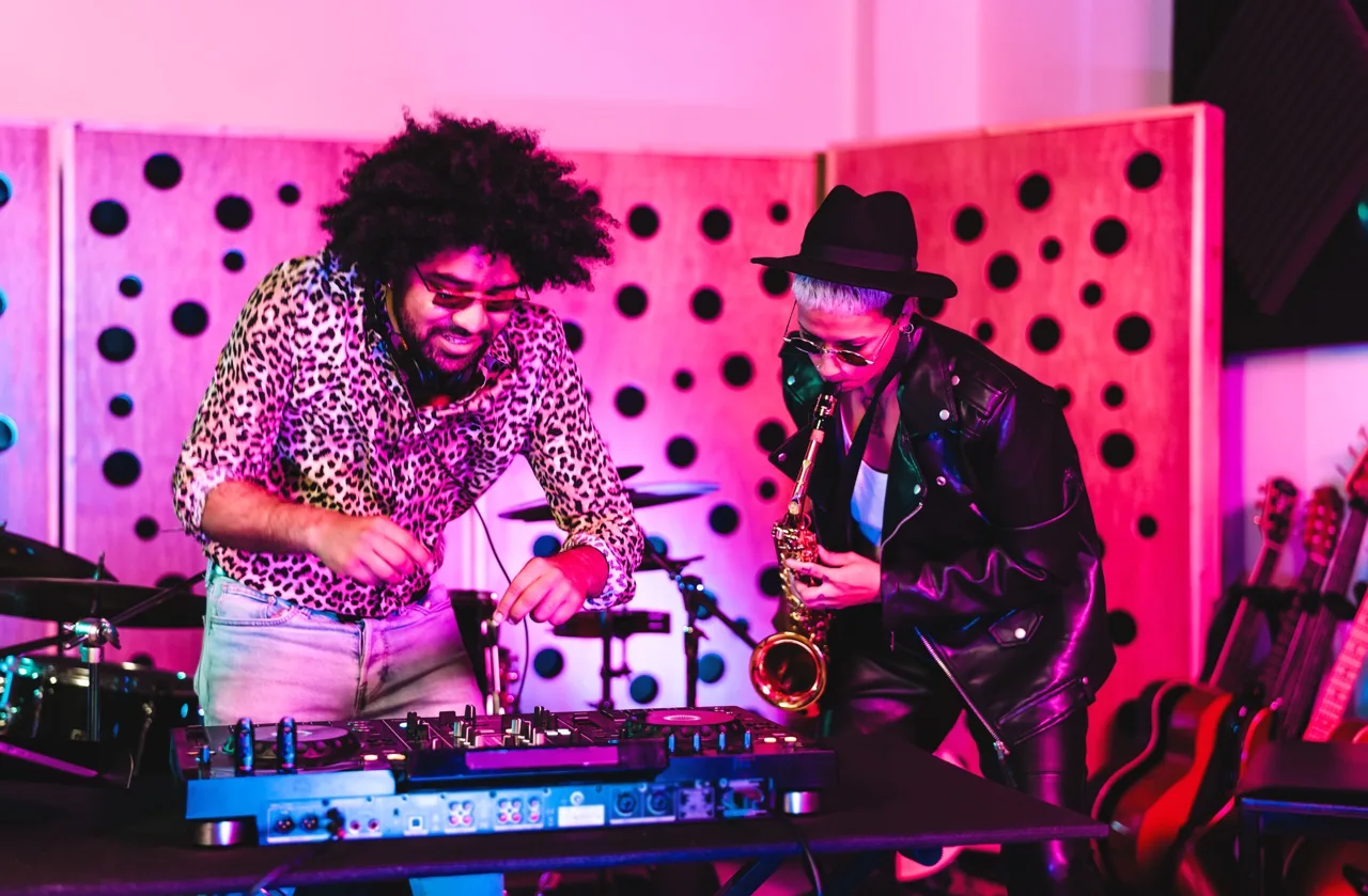 Two expressive musicians in a vivid editorial scene