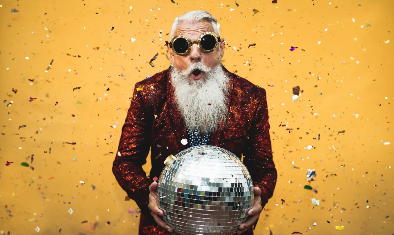 Expressive character holding a mirrored disco ball